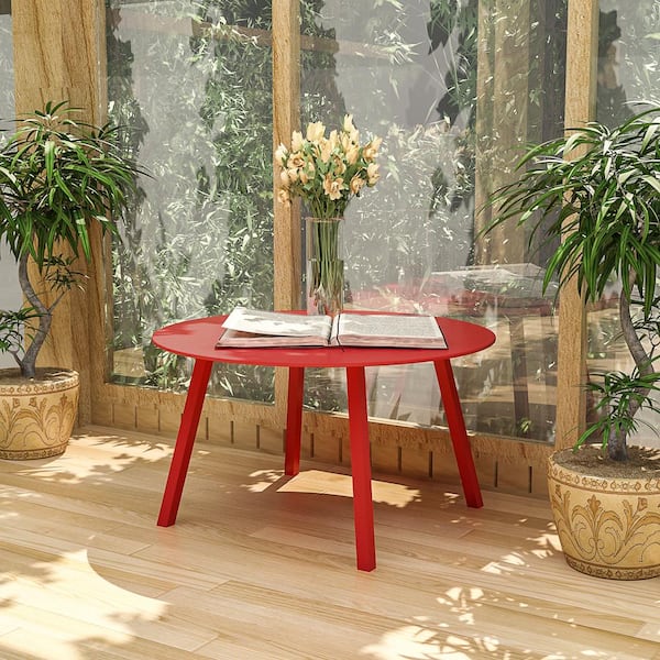 BANSA ROSE Red Round Outdoor Coffee Table, Weather Resistant Metal Large Side Table for Balcony, Porch, Deck, Poolside