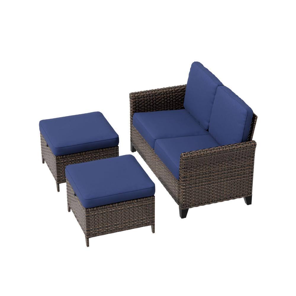 Patio Wicker Conversation Set Furniture Set 3 PCS w/ Ottoman & Loveseat All-Weather for Backyard Outdoor, Blue price history on PriceWatchPro