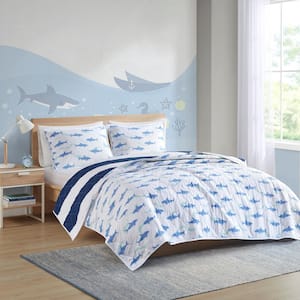 Dakota 3-Piece Navy Full/Queen Cotton Cabana Stripe Reversible Quilt Set with Shark Reverse