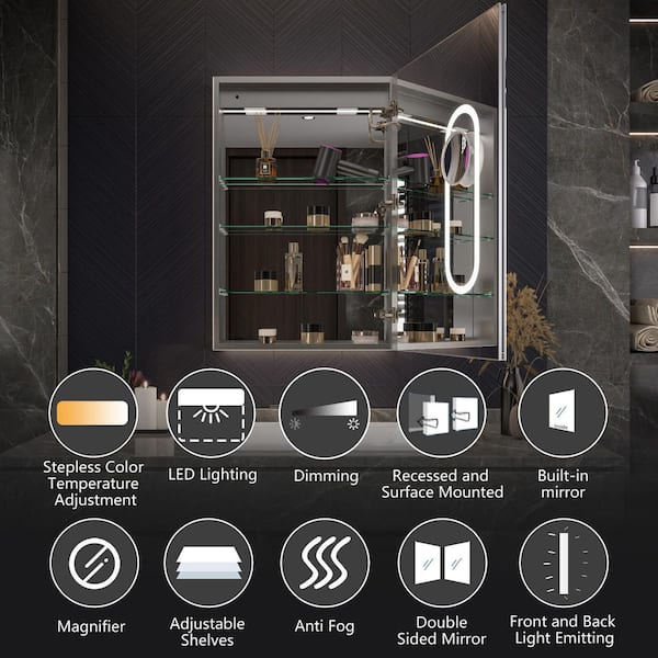 24 in. W x 36 in. H Rectangular Silver Aluminum Recessed/Surface Mount Right Hinge Dimmable Medicine Cabinet with Mirror