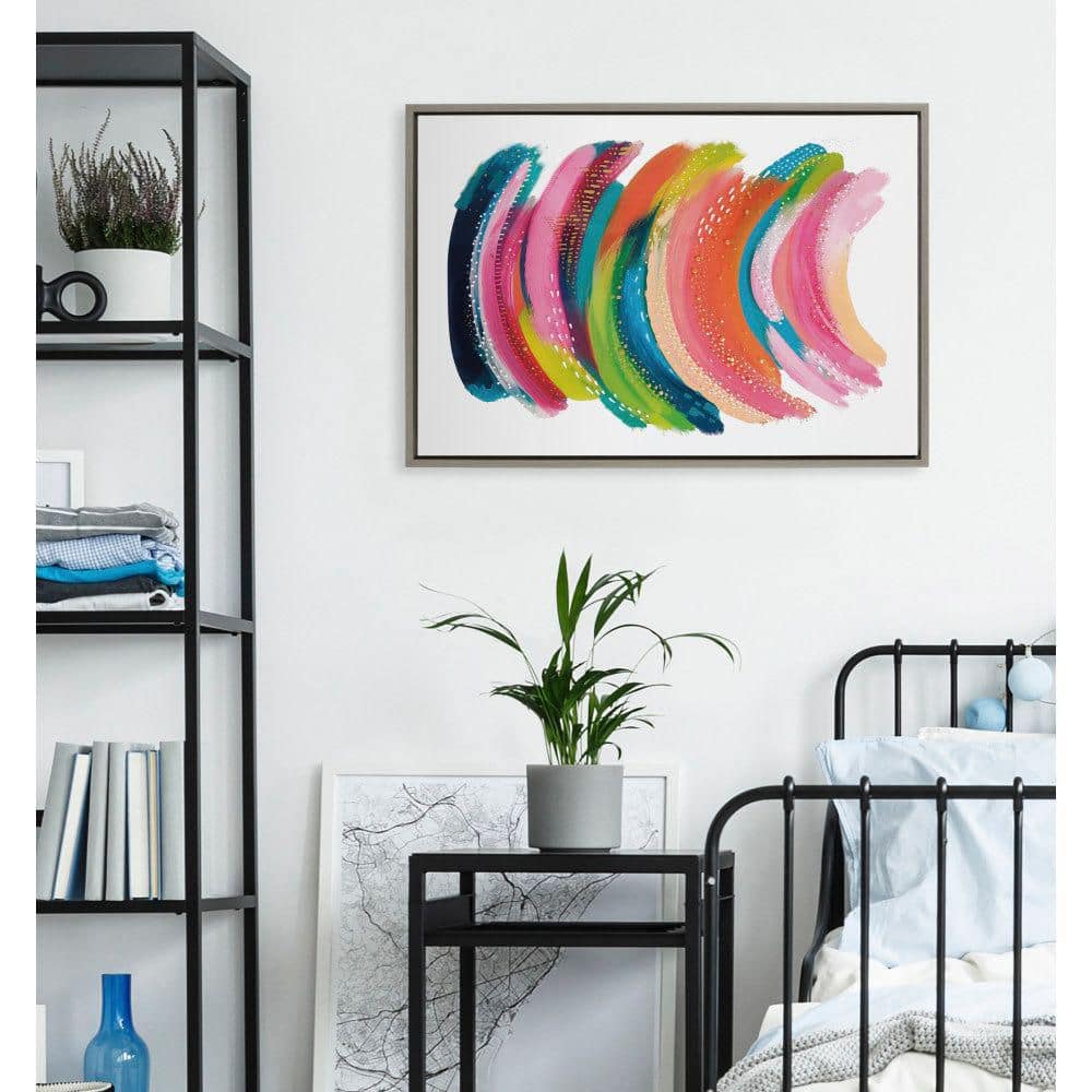 Colorful Abstract Brushstrokes Canvas Wall Art with Gray Frame