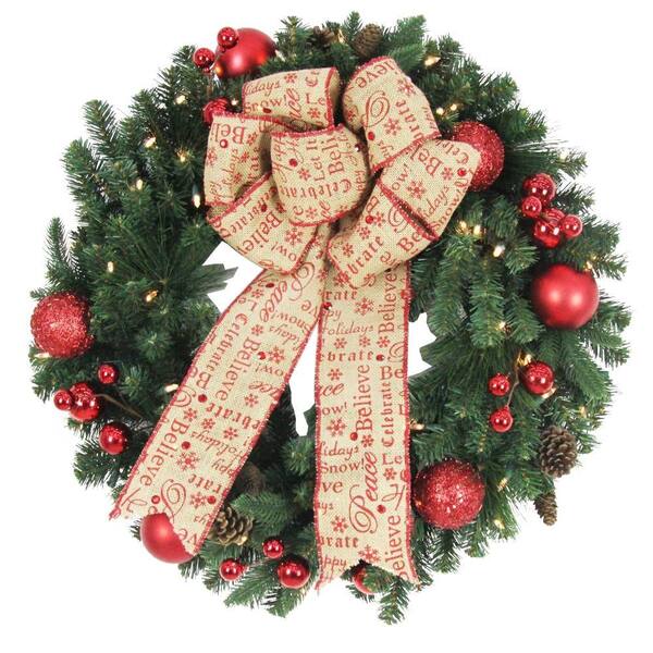 Home Accents Holiday 30 in. Battery Operated Holiday Burlap Artificial Wreath with 50 Clear LED Lights