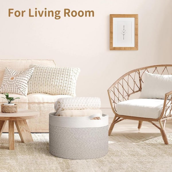 Brown Cotton Rope Basket 22 in. x 14 in. Blanket Basket for Living Room