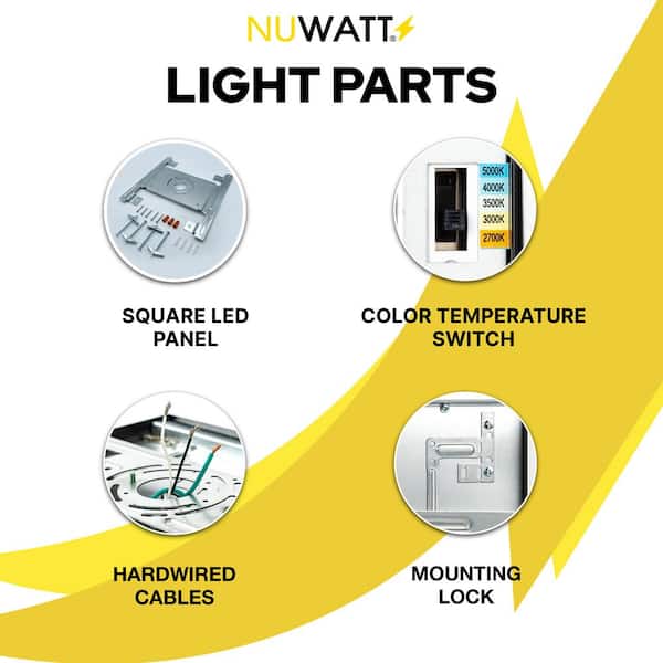 NuWatt 1 ft. x 1 ft. 120V Surface Mount Integrated LED Black Panel Internal Driver 1500LM, 5CCT 2700K to 5000K, Dimmable (4PK)
