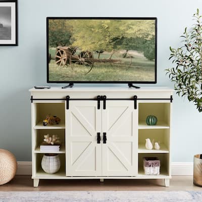 47.5 in. Ivory White Sideboard MDF TV Stand Fits TV's Up to 55 in. with 2-Barn Door Cabinet for Living Room Bedroom