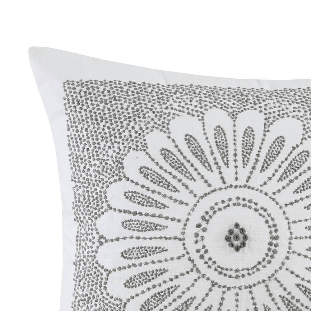 Sofia 20" Modern Medallion Embroidered Grey and Off-White Square Pillow