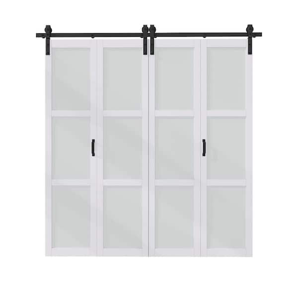 80 in. x 84 in. Assembled Bi-Fold 3 Lite Frosted Glass White Primed Solid Core MDF Sliding Barn Door with Hardware Kit