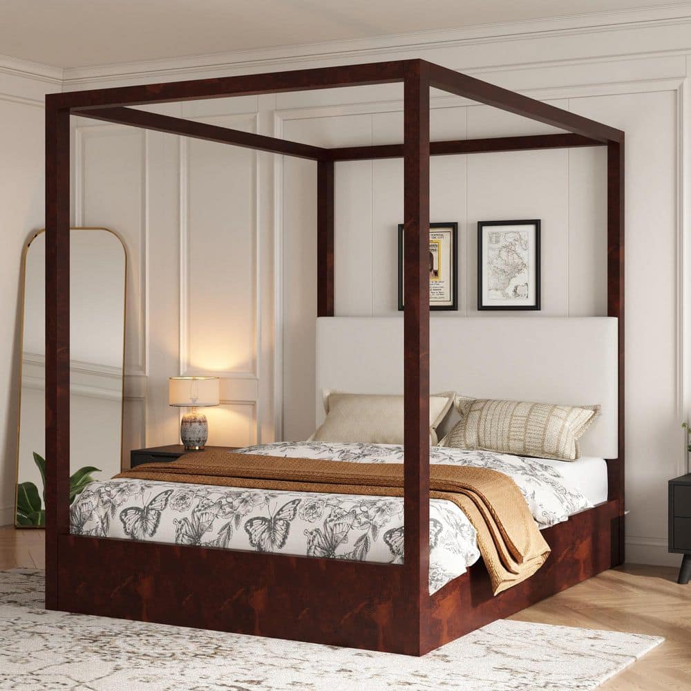 Espresso Brown Classic Wood Frame Queen Size Canopy Bed with Premium Upholstered Headboard price history on PriceWatchPro