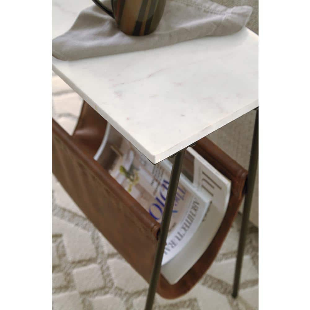 Etanbury 11.13 in. Brown/White Rectangular Marble End Table with Magazine Holder - thumbnail 4
