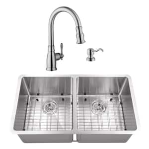 Undermount Stainless Steel 32 in. 50/50 Double Bowl Kitchen Sink with Brushed Nickel Faucet