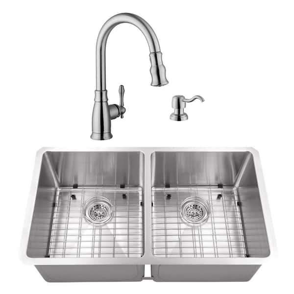 Cahaba Undermount Stainless Steel 32 in. 50/50 Double Bowl Kitchen Sink with Brushed Nickel Faucet