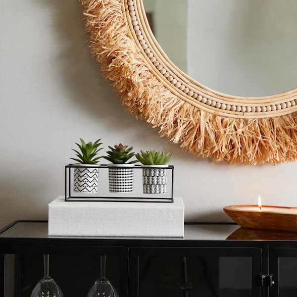 6 in. H Succulent Artificial Plant with Realistic Leaves and Tribal Pots Inside Black Metal Stand
