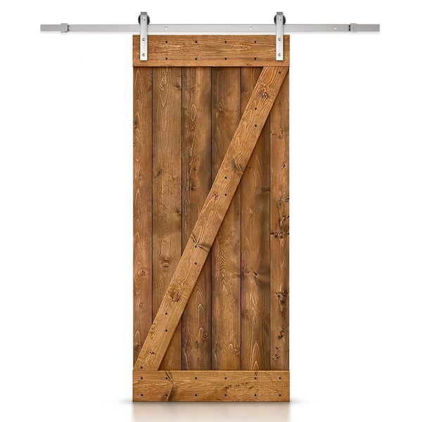 CALHOME 30 in. x 84 in. Z Bar Walnut Stained Solid DIY Knotty Pine Wood Interior Sliding Barn Door with Sliding Hardware Kit
