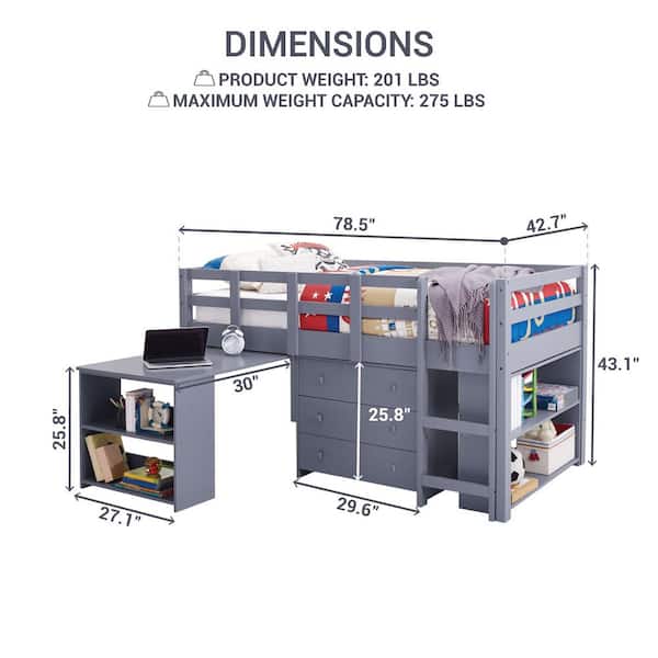 MAYKOOSH Twin Loft Bed with Desk, Low Study Loft Bed for