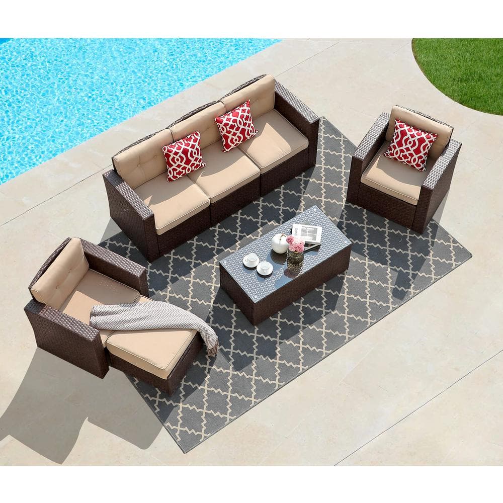7-Piece Wicker Brown Outdoor Patio Conversation Set with Beige Cushions