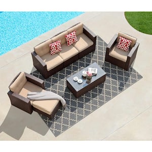 7-Piece Wicker Outdoor Sectional Seating Set with Beige Cushions