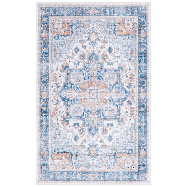 SAFAVIEH Arizona Blue/Beige 3 ft. x 5 ft. Distressed Border Ornate Machine Washable Area Rug