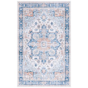 Arizona Blue/Beige 8 ft. x 10 ft. Distressed Border Ornate Machine Washable Area Rug