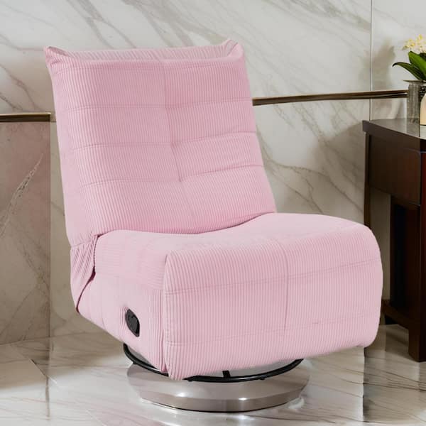 Benjara Tufted Pink Corduroy Swivel Recliner with Solid Wood