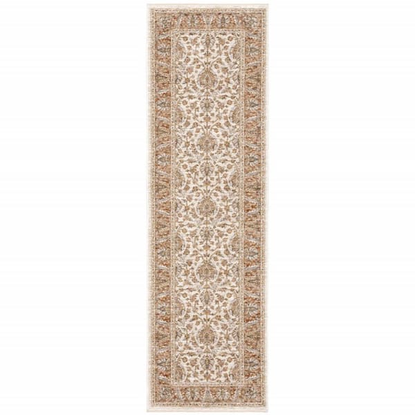 HomeRoots Rust and Ivory 2 ft. x 8 ft. Oriental Power Loom Stain Resistant Fringe with Runner Rug