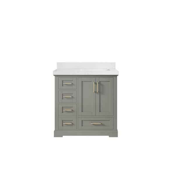 Willow Collections Boston 36 in. W x 22 in. D x 36 in. H Right Offset Sink Bath Vanity in Evergreen with 2 in. Empira Quartz Top