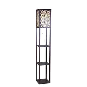 63 in. H Brown 1-Light 3-Shelf Column Floor Lamp with Flower Square Shade, Bulb Not Included