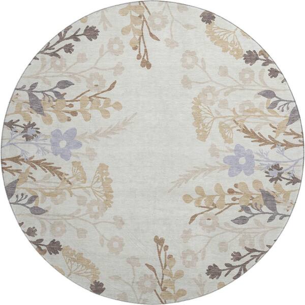 Mayfield Premium Machine Washable Abstract AMF2334 Ivory 8 ft. x 8 ft. Round Rug
