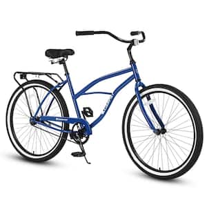 26 in. Beach Cruiser Bike for Men and Women Steel Frame Single Speed Drivetrain Upright Comfortable Rides in Blue
