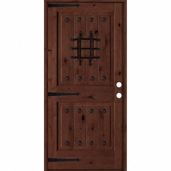42 in. x 80 in. Med. Knotty Alder Square Top Left-Hand/Inswing BEHR Red Mahogany Stain Single Wood Prehung Front Door