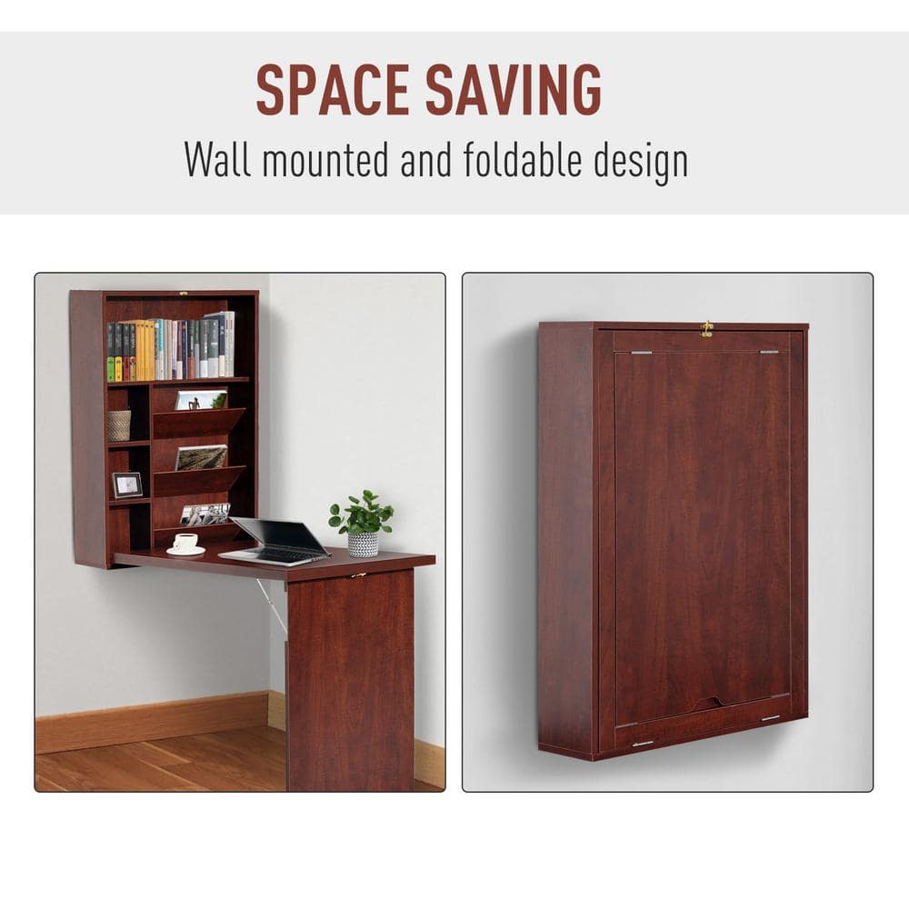 Brown Fold-Out Wall Mounted Desk with Adjustable Shelves
