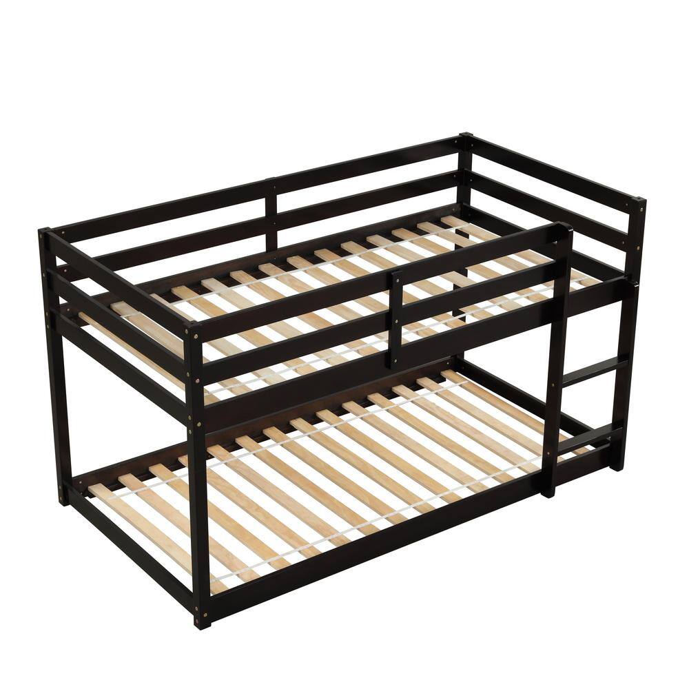 URTR Espresso Low Bunk Beds Twin Over Twin Wood Floor Bunk Bed Frame
