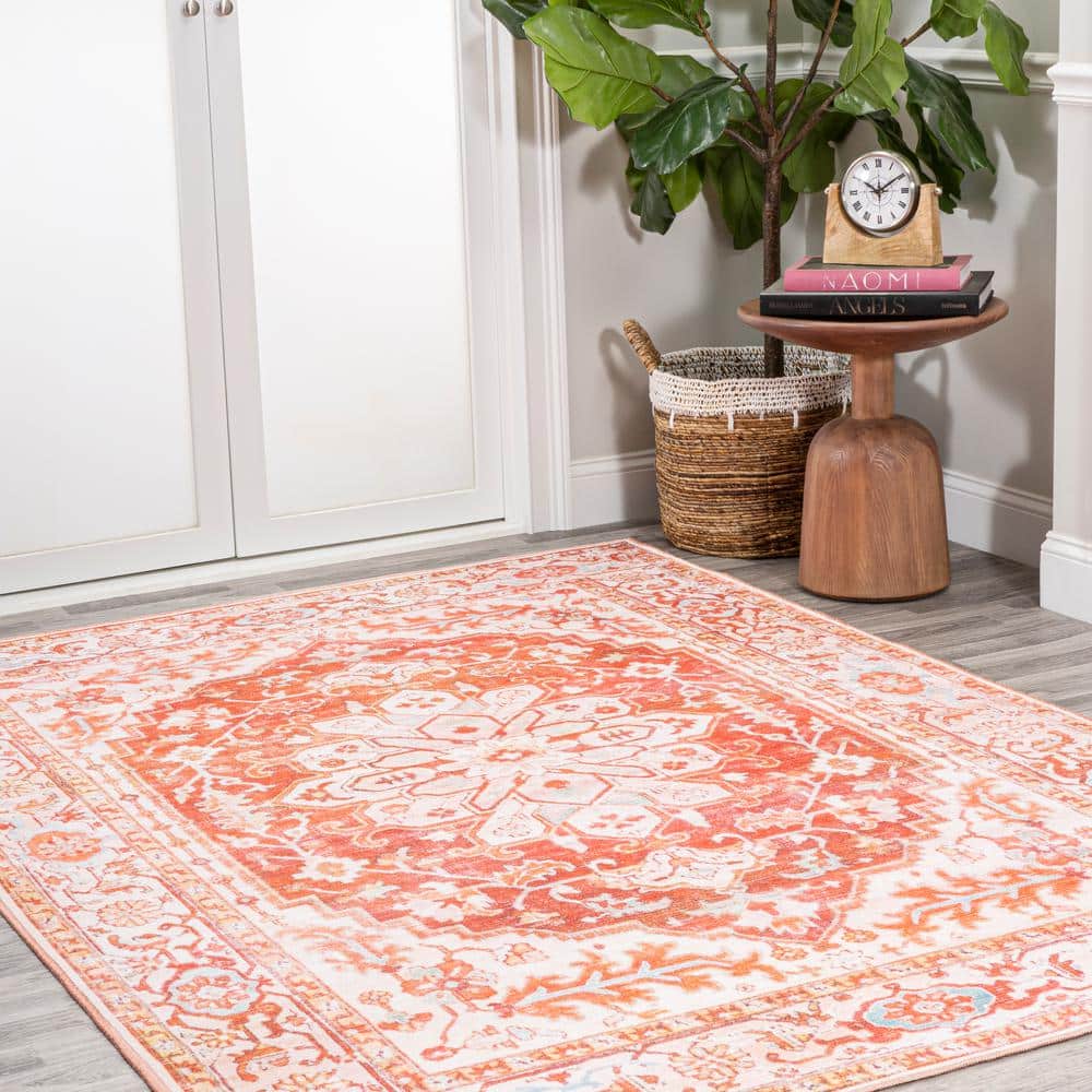 Orange and Cream Medallion Washable Synthetic Area Rug 4' x 6'