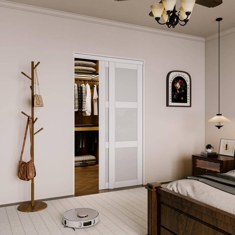 48 in. x 80 in. White Tempered Frosted Glass Sliding Closet Door