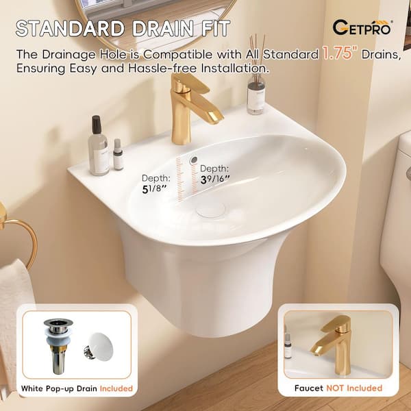 22 in Ceramic Round Wall-Mount Round Bathroom Sink Wall Hung Basin in Glossy White Pop-Up Drain and Faucet Included
