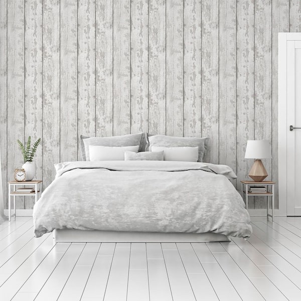 Metallic Washed Wood Grey and Silver Wallpaper