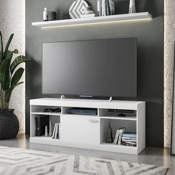 TECHNI MOBILI 61 in. W White Entertainment TV Stand with 2 open storage, Fits TV'S up to 61 in.