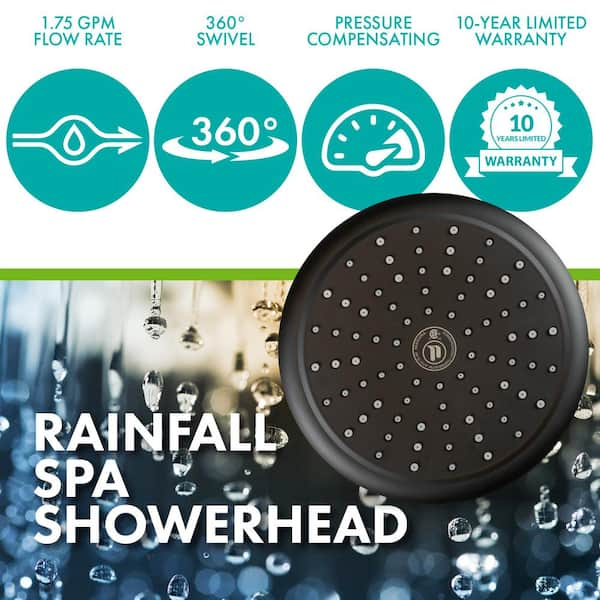 Rainfall Spa 1-Spray Patterns with 1.75 GPM 8-in. Wall Mount Adjustable Fixed Shower Head in Matte Black