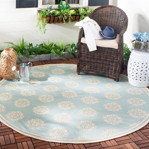 Beach House 4 ft. x 4 ft. Round Aqua/Cream Border Geometric Floral Indoor/Outdoor Area Rug