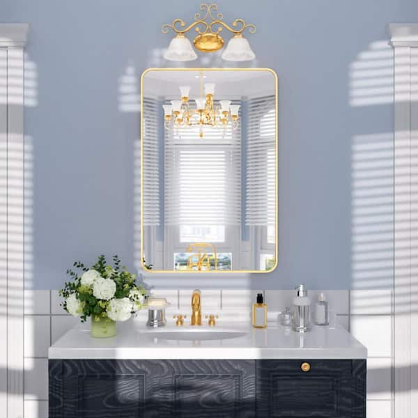 Nivorix Lira 24 in. W x 36 in. H Tempered Glass Brushed Gold Rectangular Framed Wall Bathroom Vanity Mirror