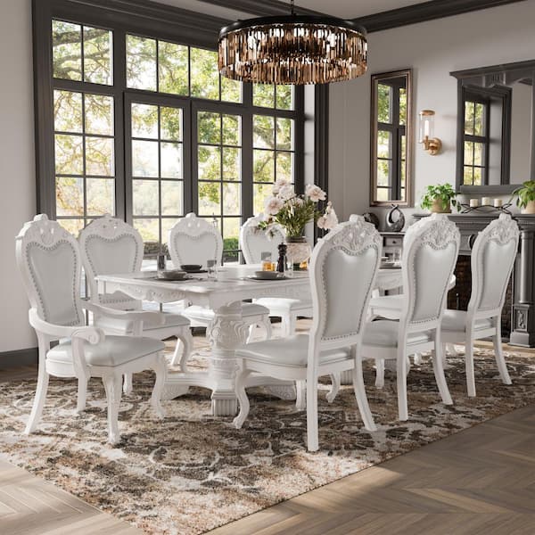 Divino 9-Piece Rectangular White Extendable Wood Top Dining Room Set (Seats 8)