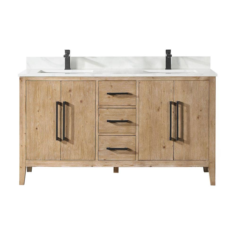 Weathered Fir Double Sink Freestanding Vanity with Quartz Top