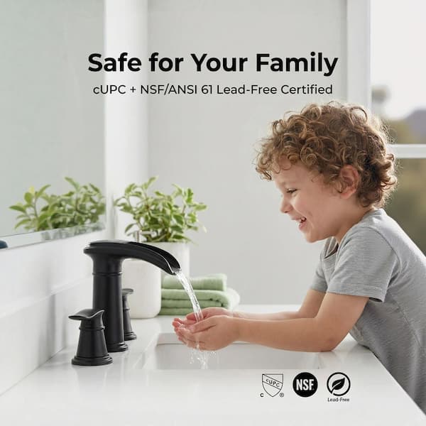 8 in. Widespread 2-Handle Waterfall Bathroom Sink Faucet with Drain Kit and Ceramic Valve in Matte Black