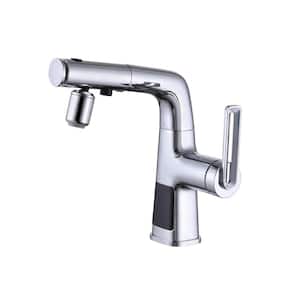 Single Handle Single Hole LED Temperature Digital Display Bathroom Faucet Pull Out Bathroom Sink Tap in Polished Chrome