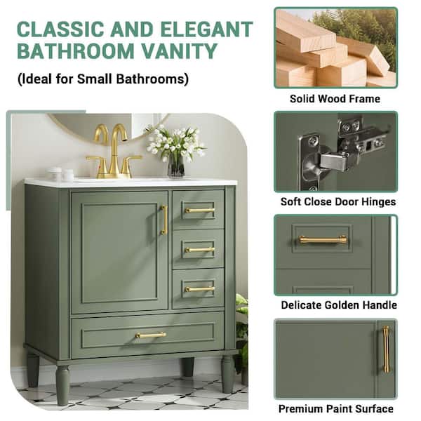 30 in. Single Sink Olive Green Bath Vanity with White Ceramic Top (Self Assembly Needed)