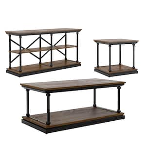 Blue River 47.5 in. Dark Oak and Black Rectangle Wood Top 3-Piece Coffee Table Set