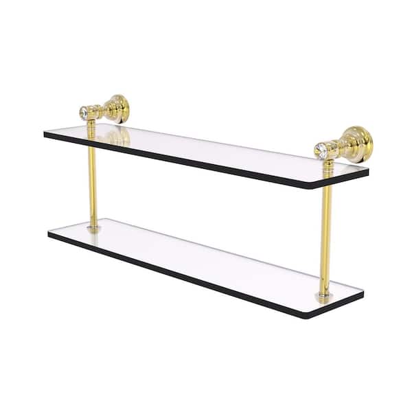 Allied Brass Carolina Crystal Collection 22 in. x 9.2 in. H x 5.6 in. D Brass Rectangular 2-Tiered Glass Shelf in Unlacquered Brass