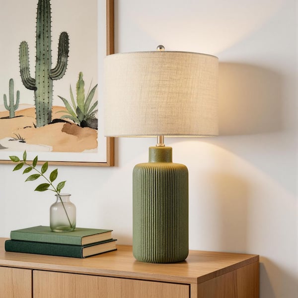 25.25 in. Painted Green Contemporary Ceramic Table Lamp for Living Room with Beige Linen Shade