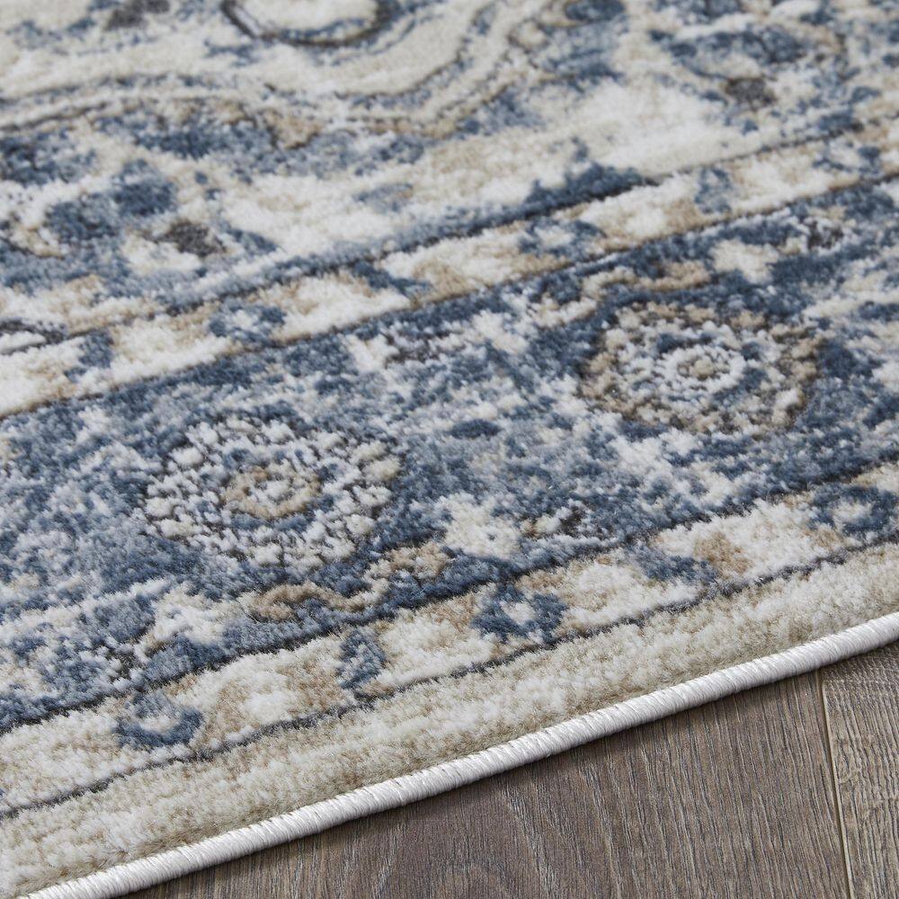 Blue and Beige Floral Medium Pile Synthetic Area Rug