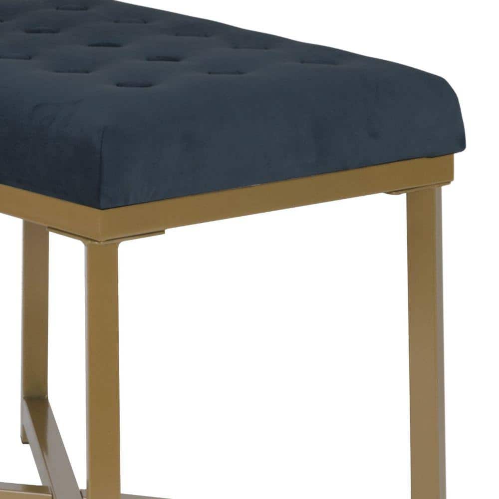 Dark Blue Velvet Upholstered Bench with Gold Metal Frame