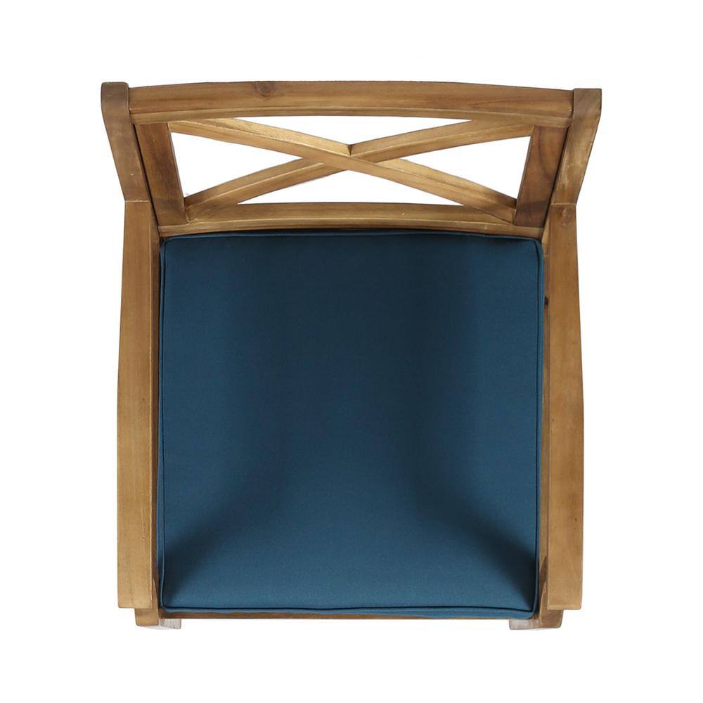 Scandinavian Teak Brown Wood Dining Chair with Blue Cushions, Set of 2